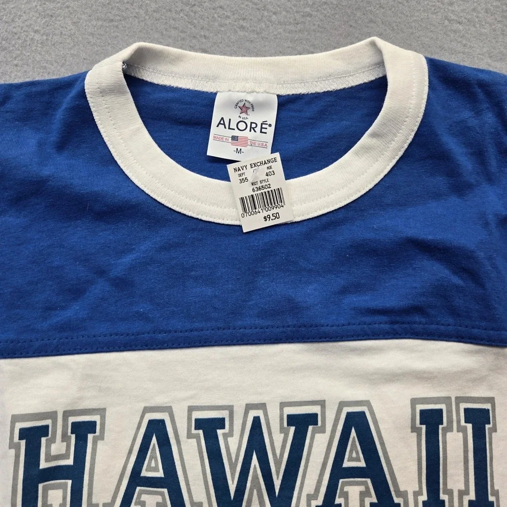 Vintage Single Stich Hawaii 03  Dead stock Mens M Blue White Striped Sleeve USA - Picture 2 of 6